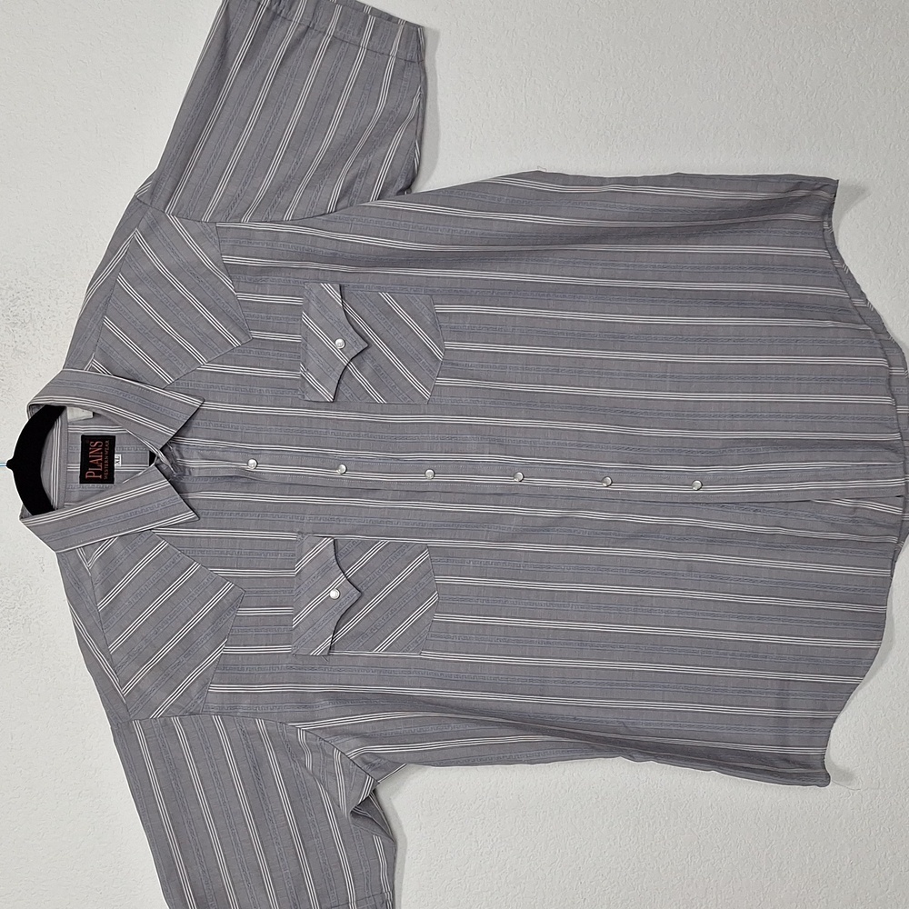 Plains Western Wear Gray Striped Pearl Snap Cowboy Button Down Shirt Size XL